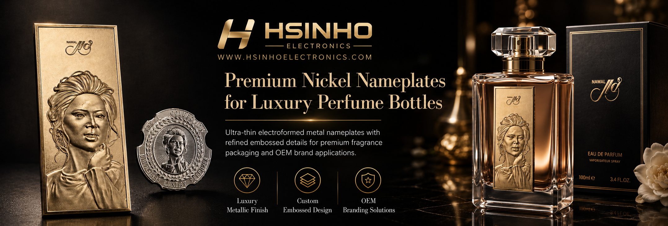 Premium nickel nameplates for luxury perfume bottles